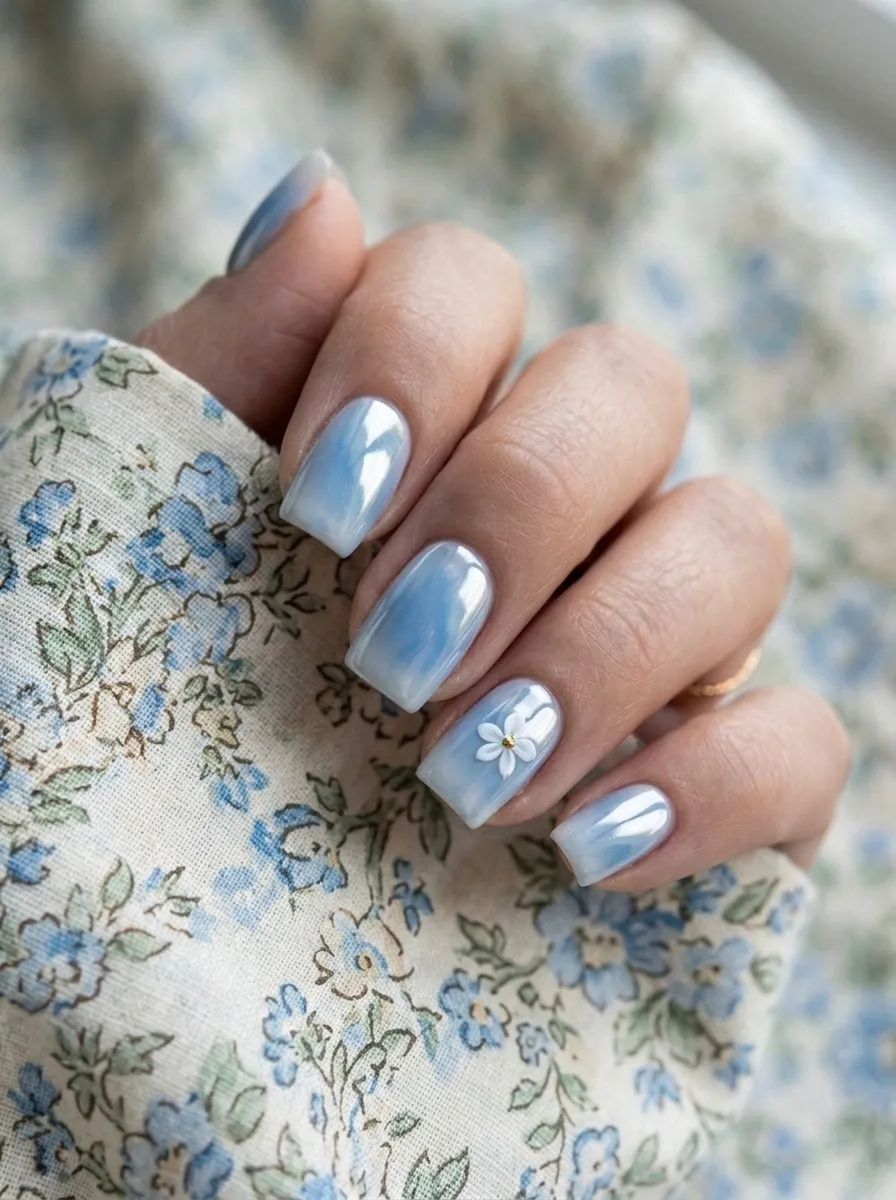 Blue Aura Nails With Floral Accents