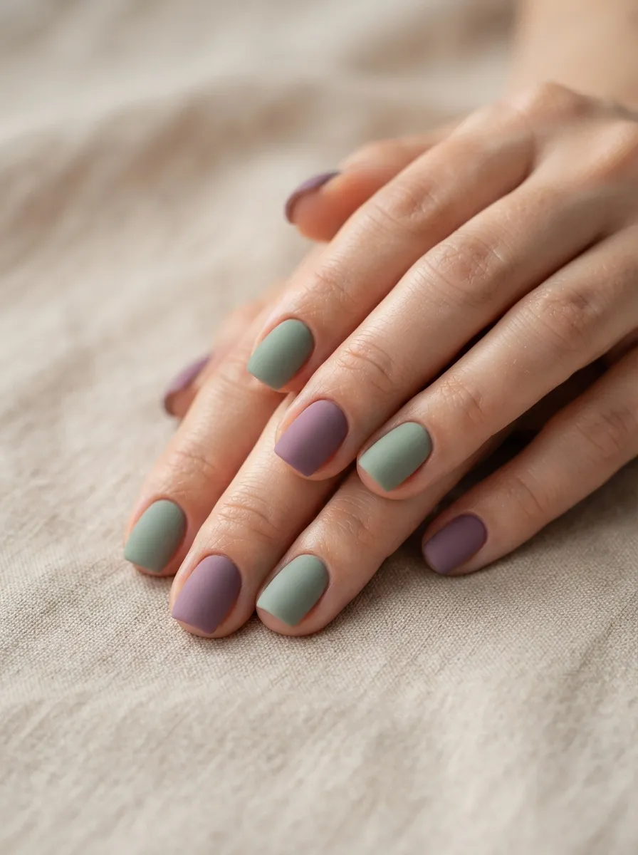 Matte Mauve and Muted Green Minimalist Nails