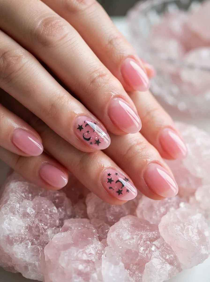 Pink Jelly Nails with Black Floating Charms