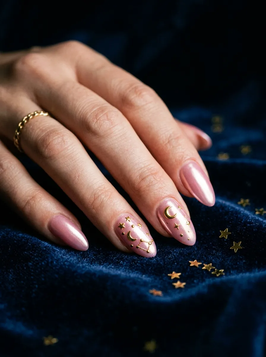 Pink Chrome Nails With Stars and Moons