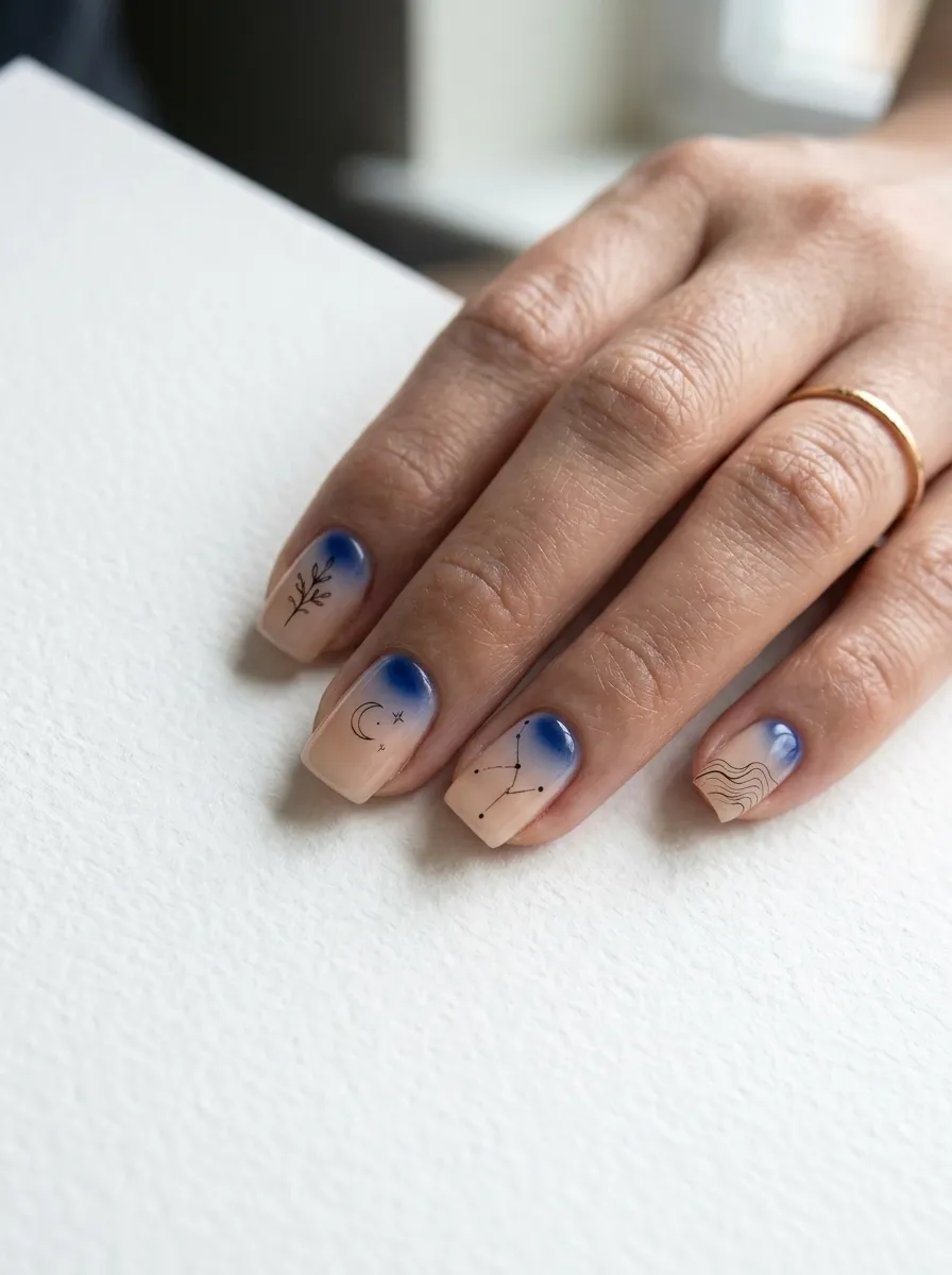 Blue Aura Nails With Line Art