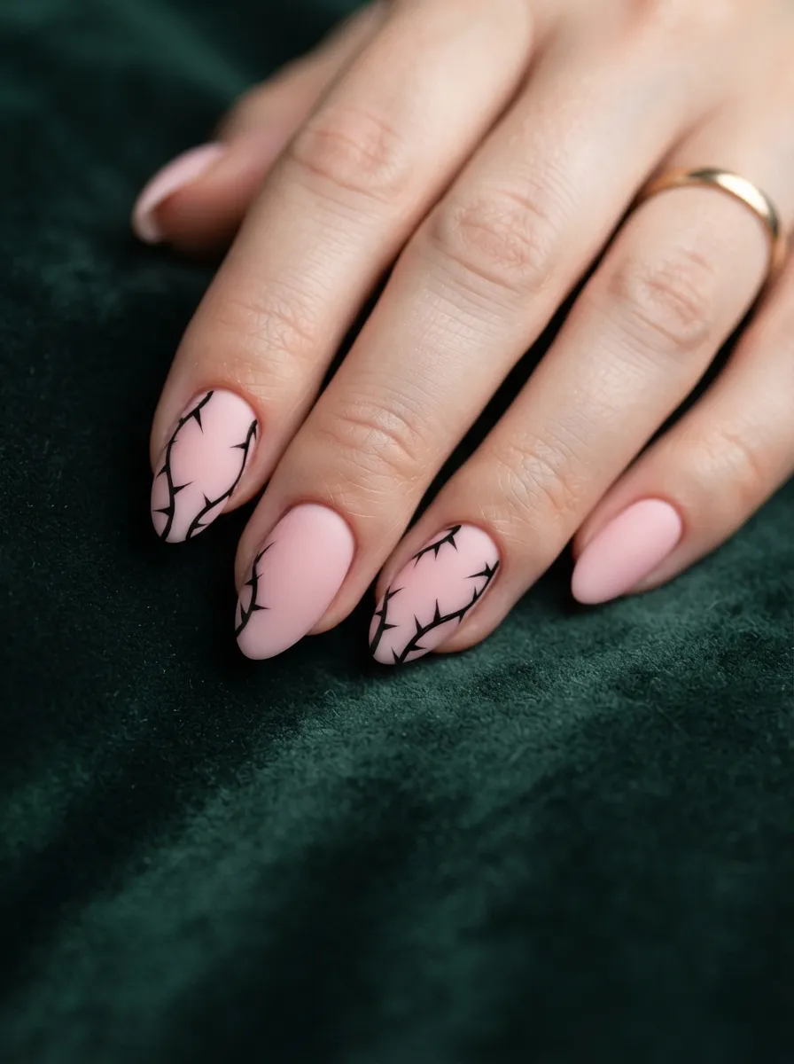 Ballet Pink Nails with Black Thorns