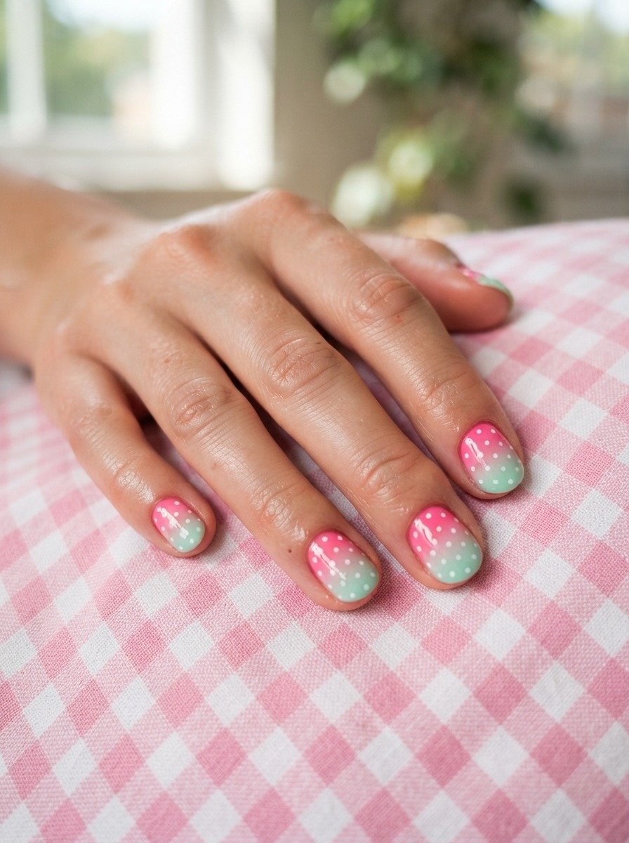 Flamingo Pink to Mint Ombre With Polka Dots