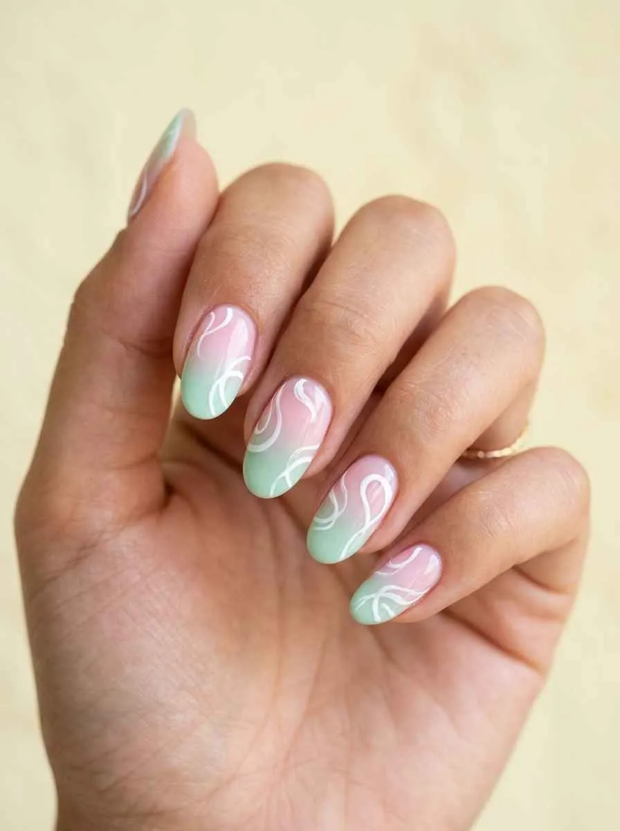 Pink to Green Ombre Swirls Nail Art
