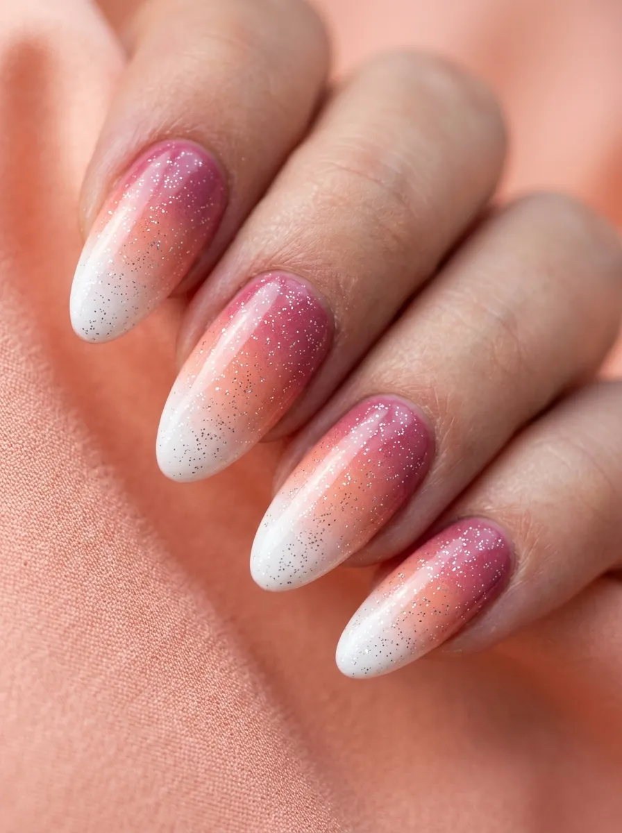 Three-Tone Pink, Peach, and White Ombre with Glitter
