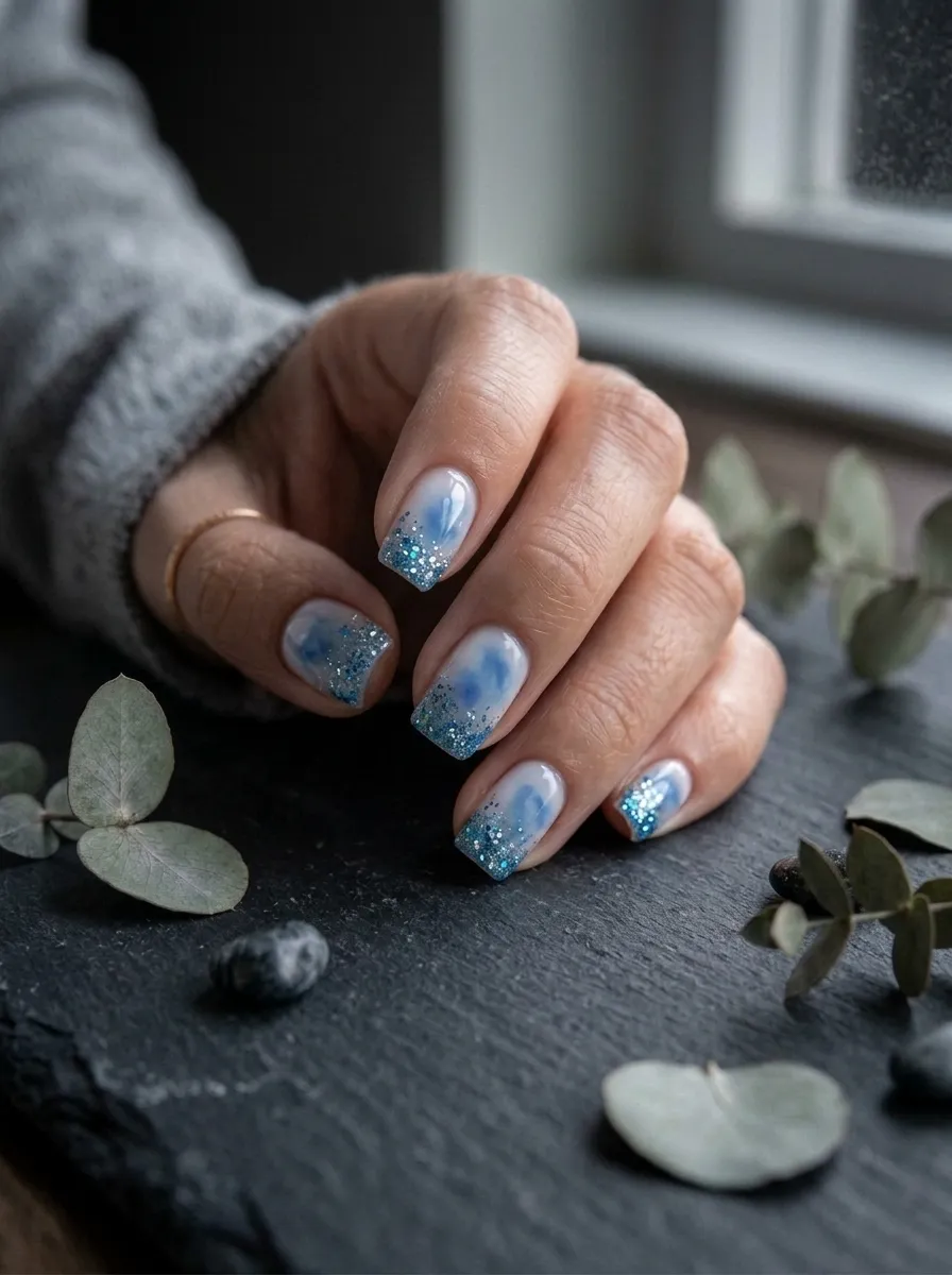 Blue Aura Nails With Glitter Tips
