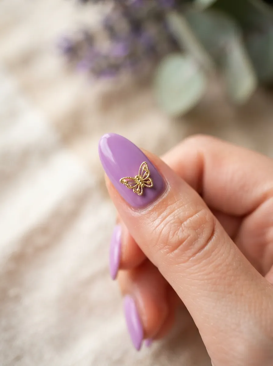 Purple Nails With Gold Butterfly Charms