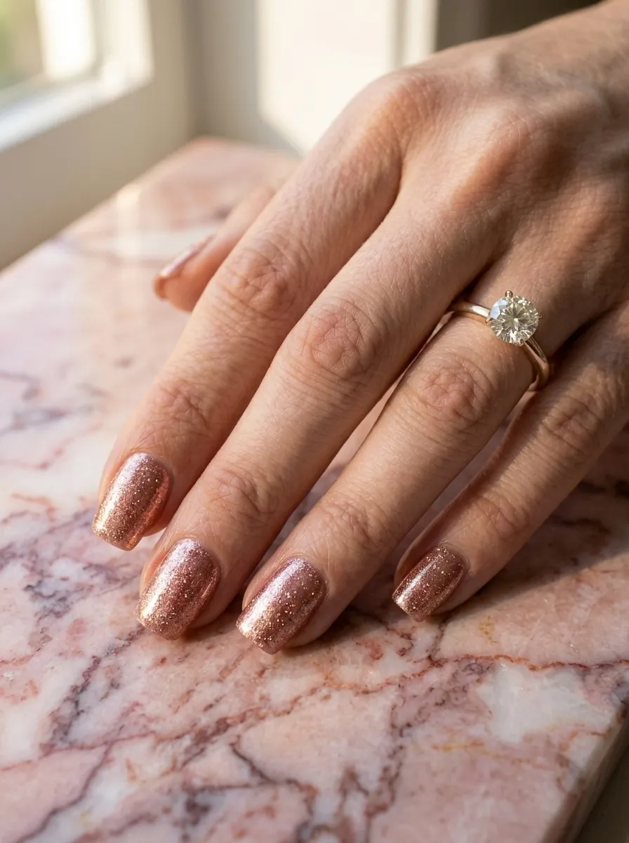 Shimmery Rose Gold Square Nails
