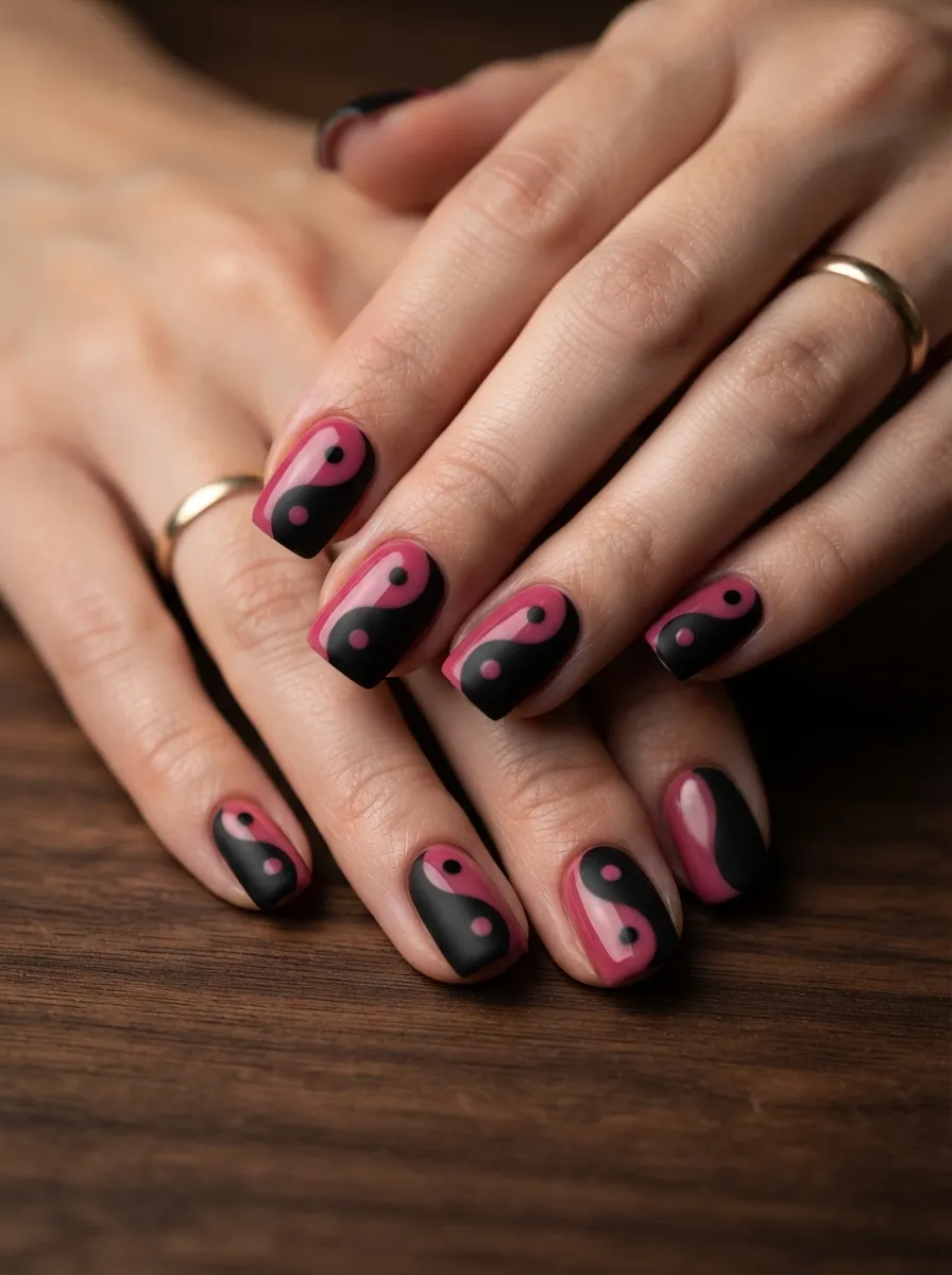 Pink and Black Yin Yang Nails