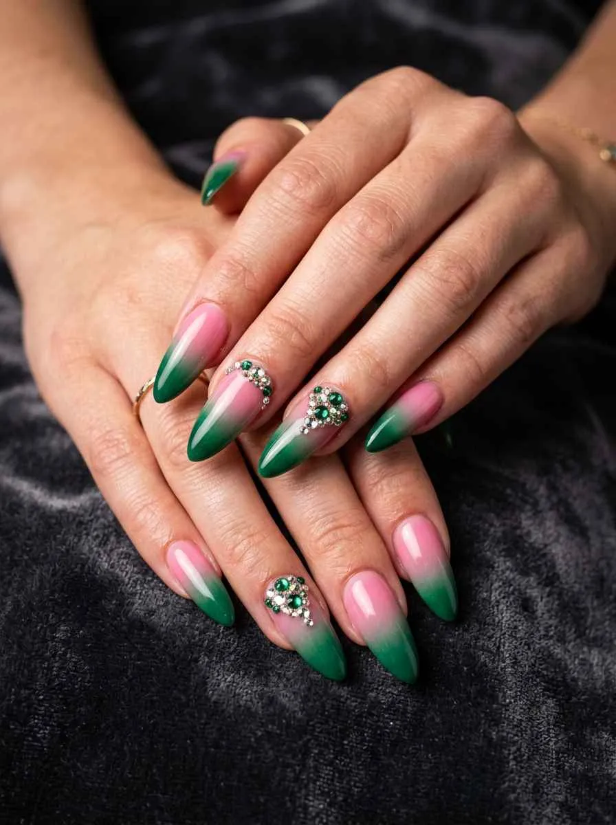 Pink and Green Ombre with Rhinestone Accents
