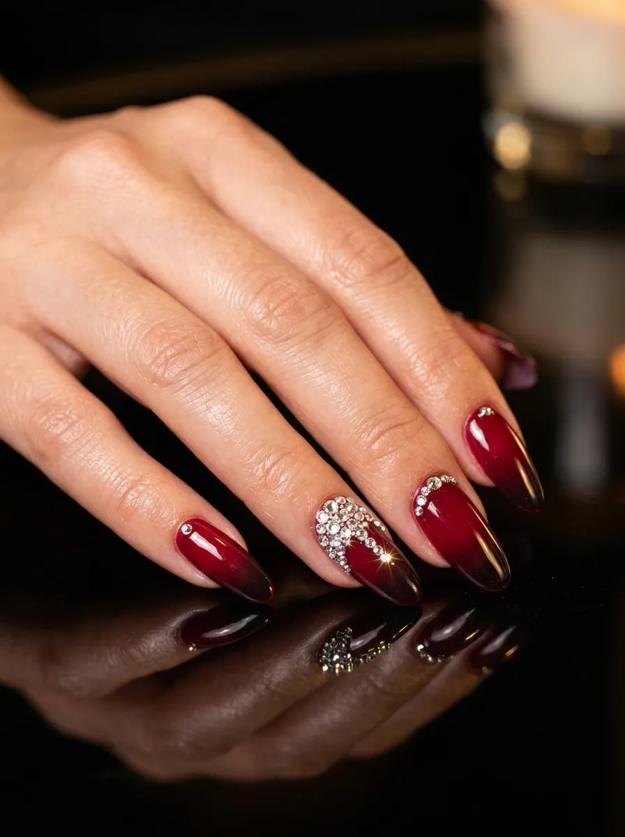 Red Ombre Nails With Rhinestone Accents