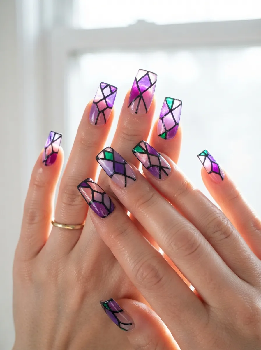 Purple Stained Glass Nails with Green Outlines