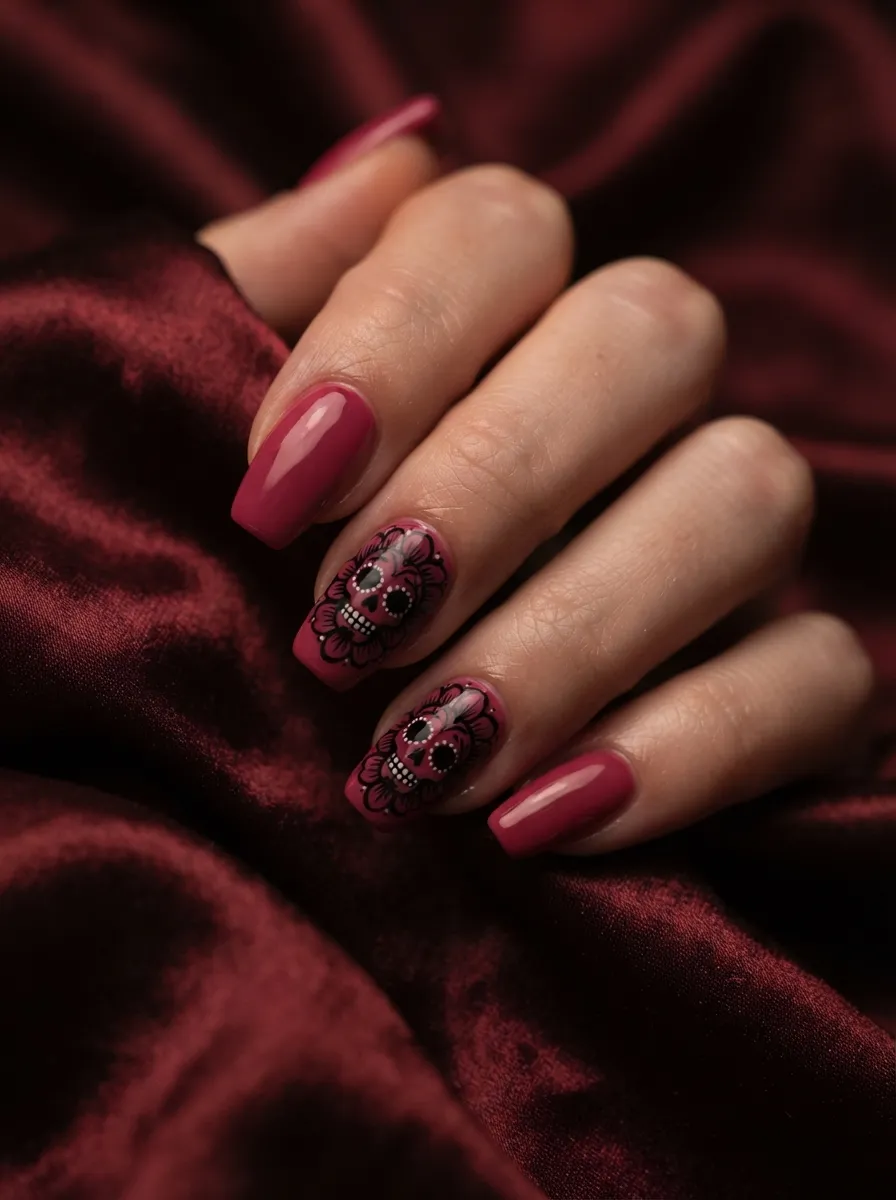 Raspberry Pink Nails with Black Skull Flowers