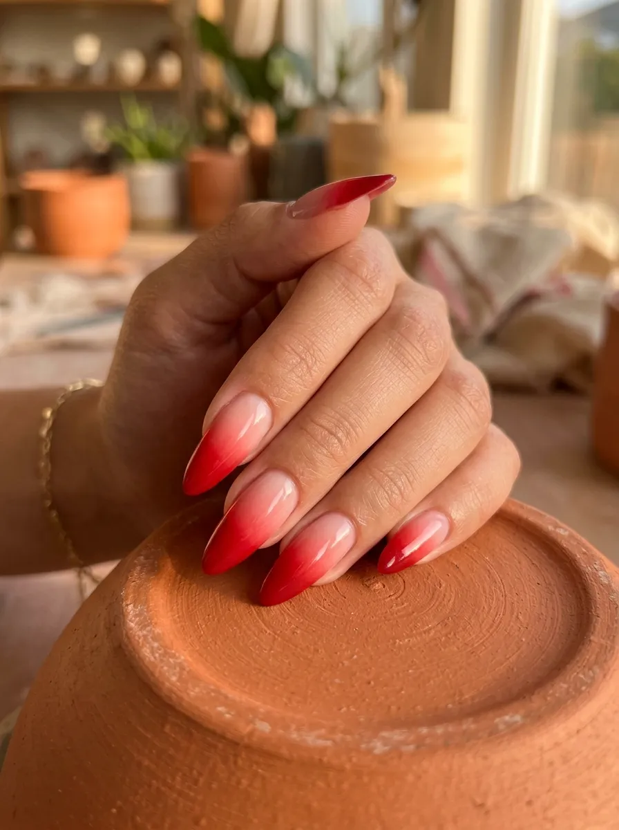 Red Ombre Almond Nails