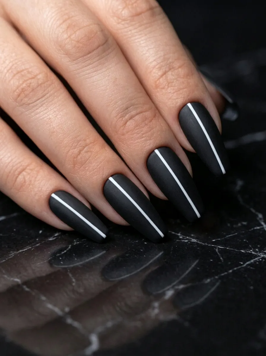 Coffin Shape Nails with White Stripes