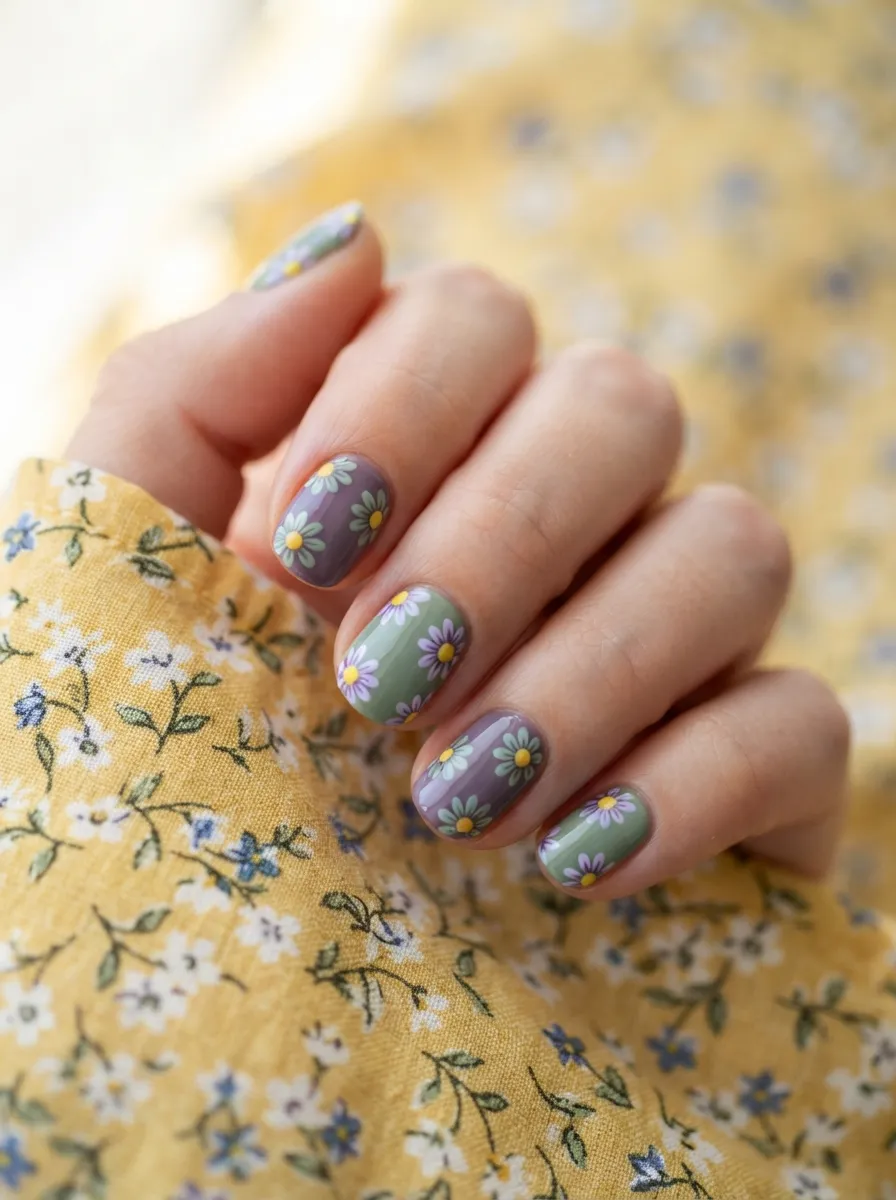Purple and Green Daisy Nail Art