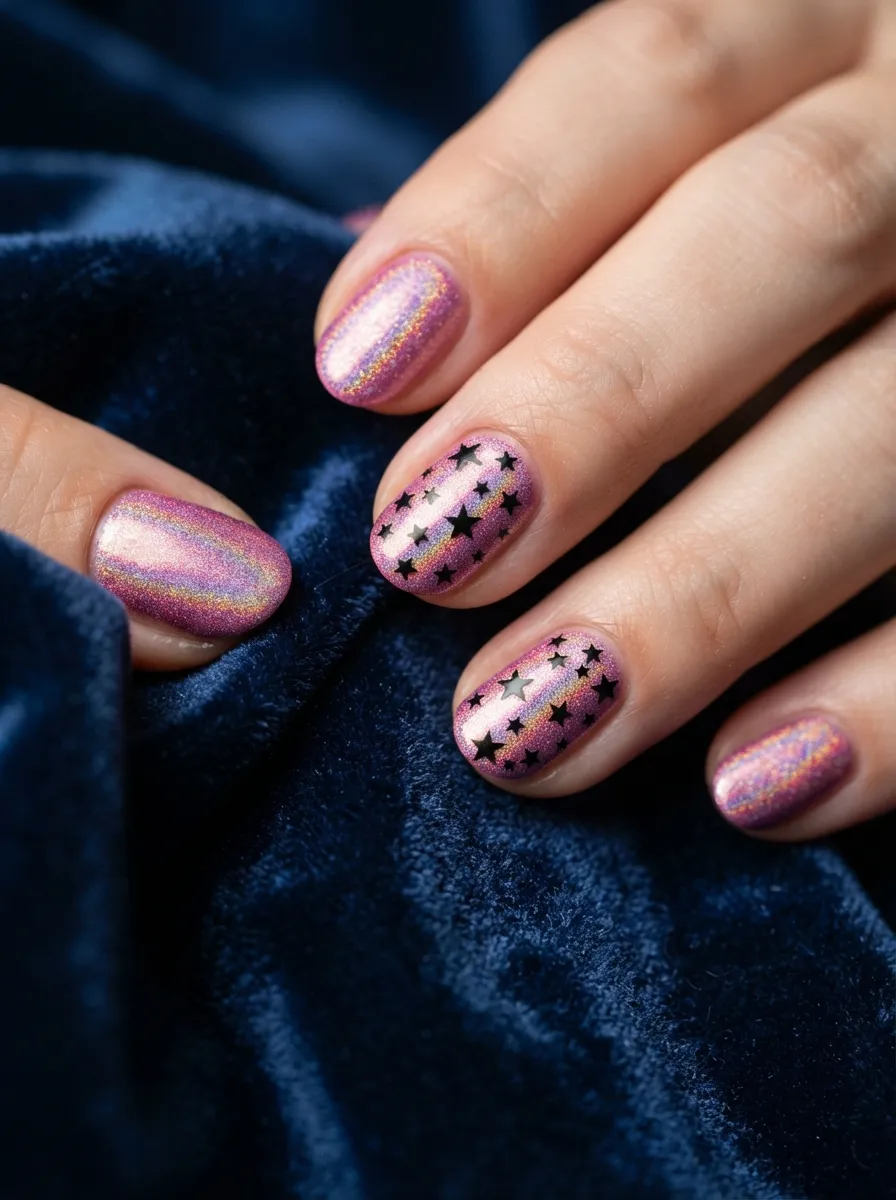 Holographic Pink Nails with Black Star Clusters