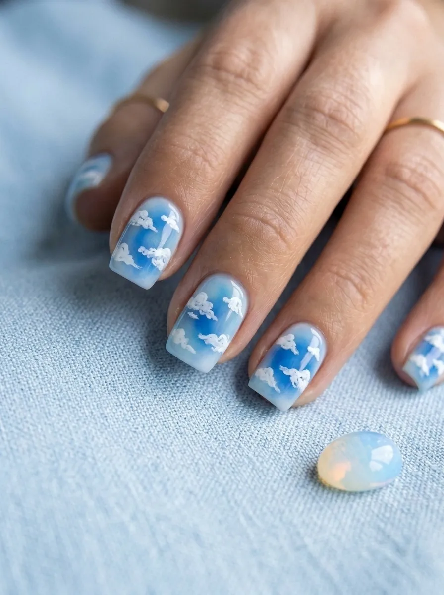 Blue Aura Nails With Cloud Shapes