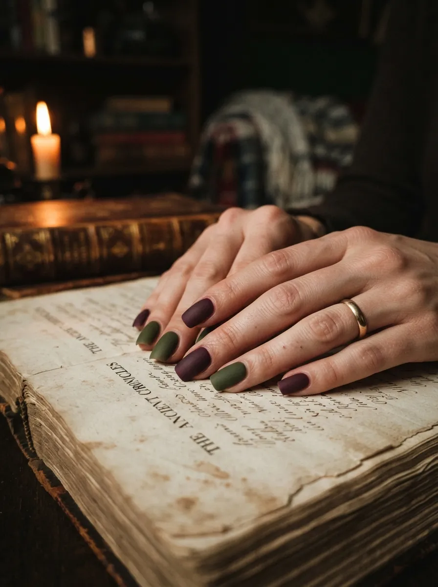 Dark Academia Purple and Green Nails