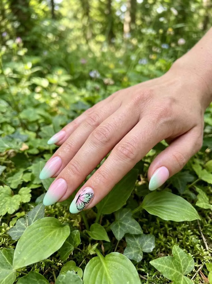 Pink to Green Ombre with Butterfly Nail Art