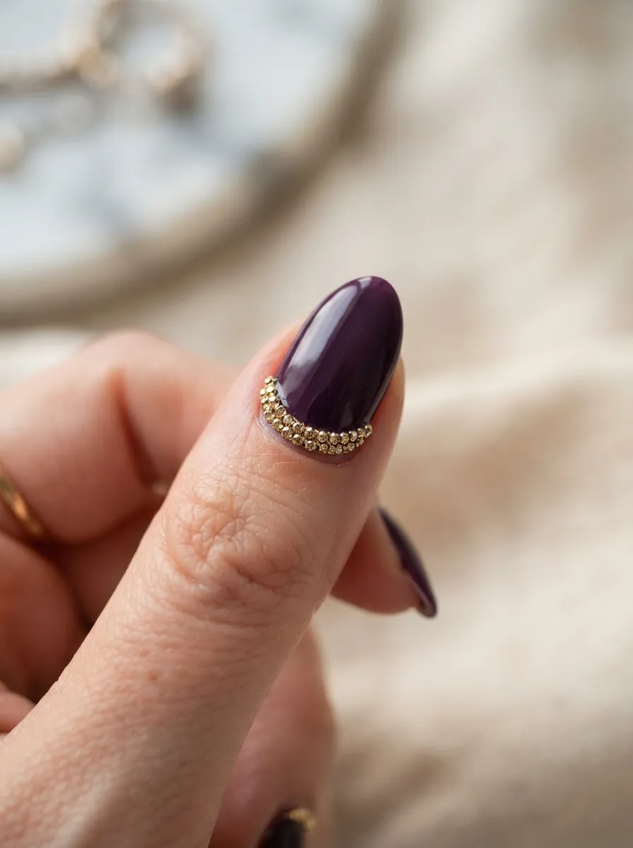 Purple Nails With Gold Rhinestone Cuff