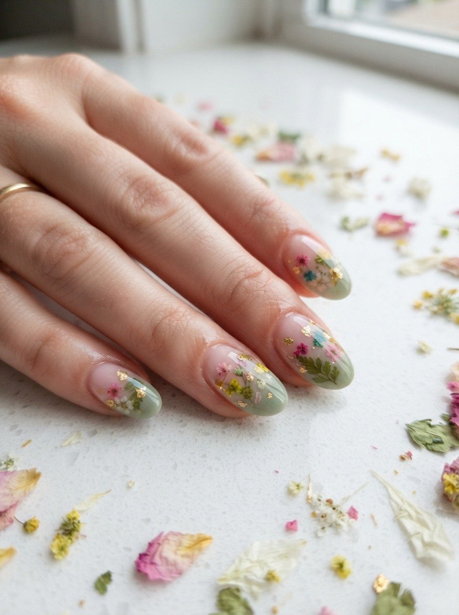 Light Pink to Sage With Dried Flower Resin Effect