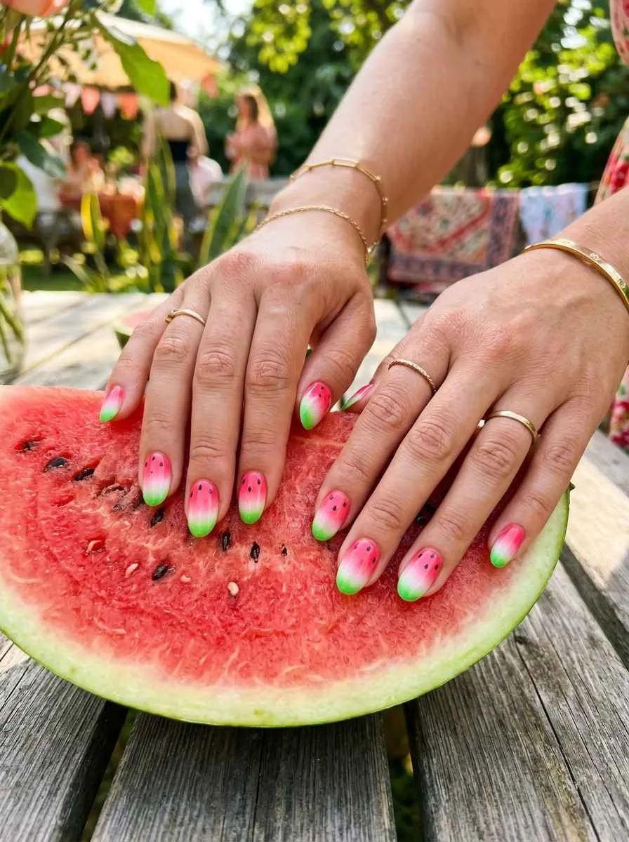 Pink and Green Ombre Nails Inspired by Watermelon