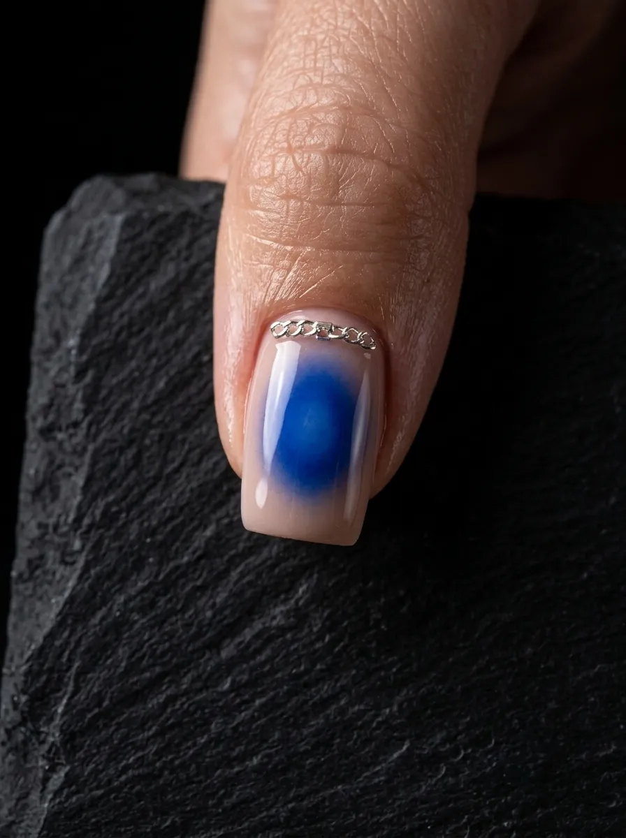 Blue Aura Nails With Silver Chain Charm