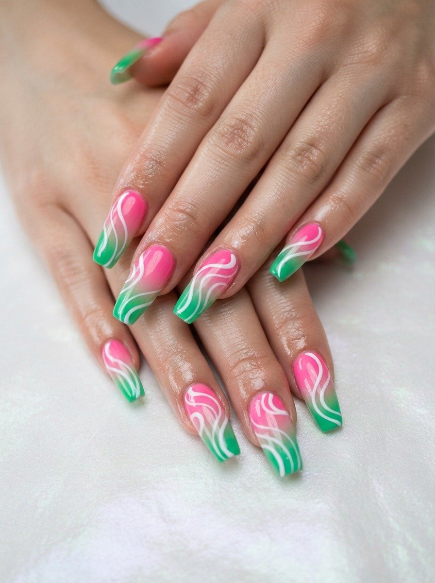 Ombre Pink to Green With Swirl Nail Art