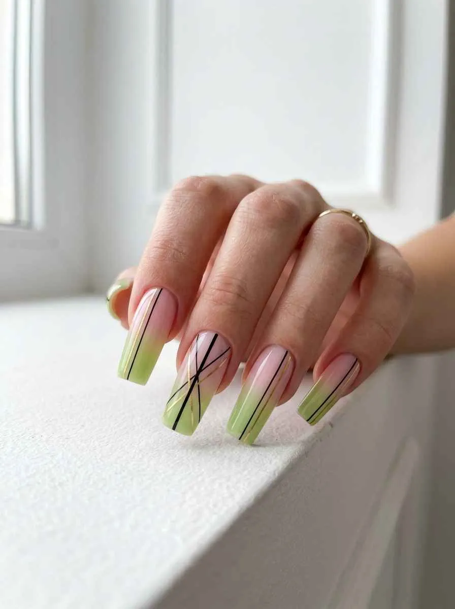 Pink to Green Ombre Nails with Abstract Lines