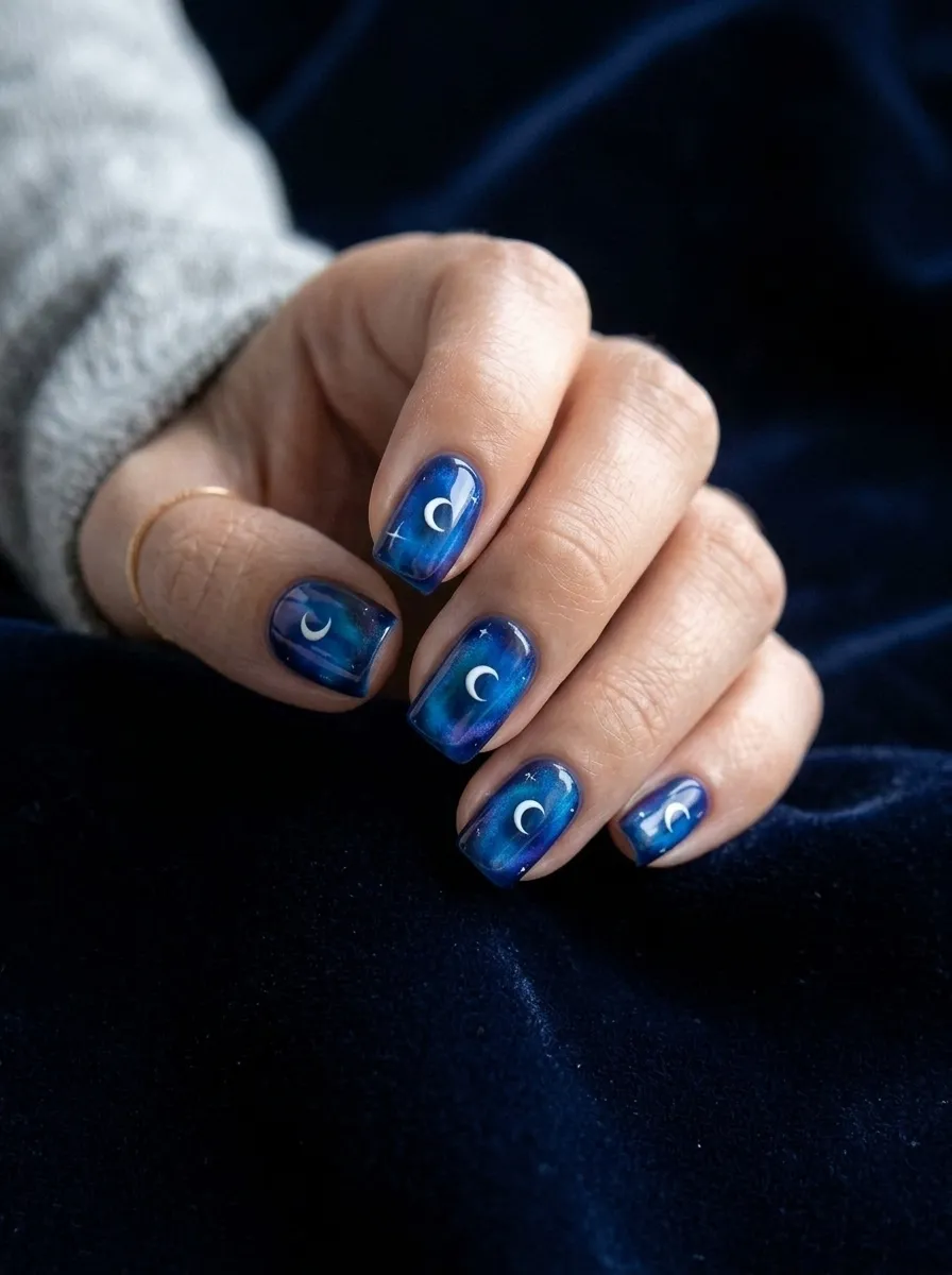 Blue Aura Nails With Crescent Moon