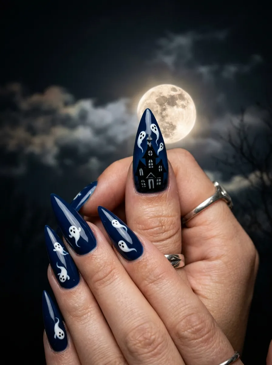 Ghost Nails with Haunted House Silhouette