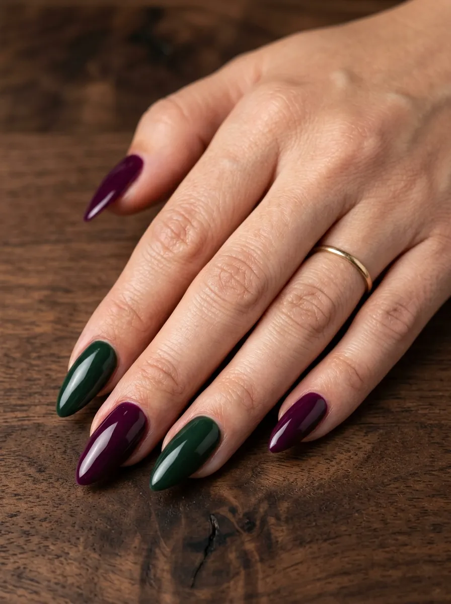Deep Plum and Forest Green Gel Nails