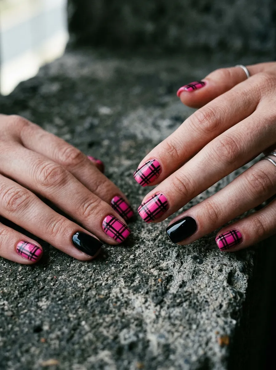 Pink and Black Plaid Nails