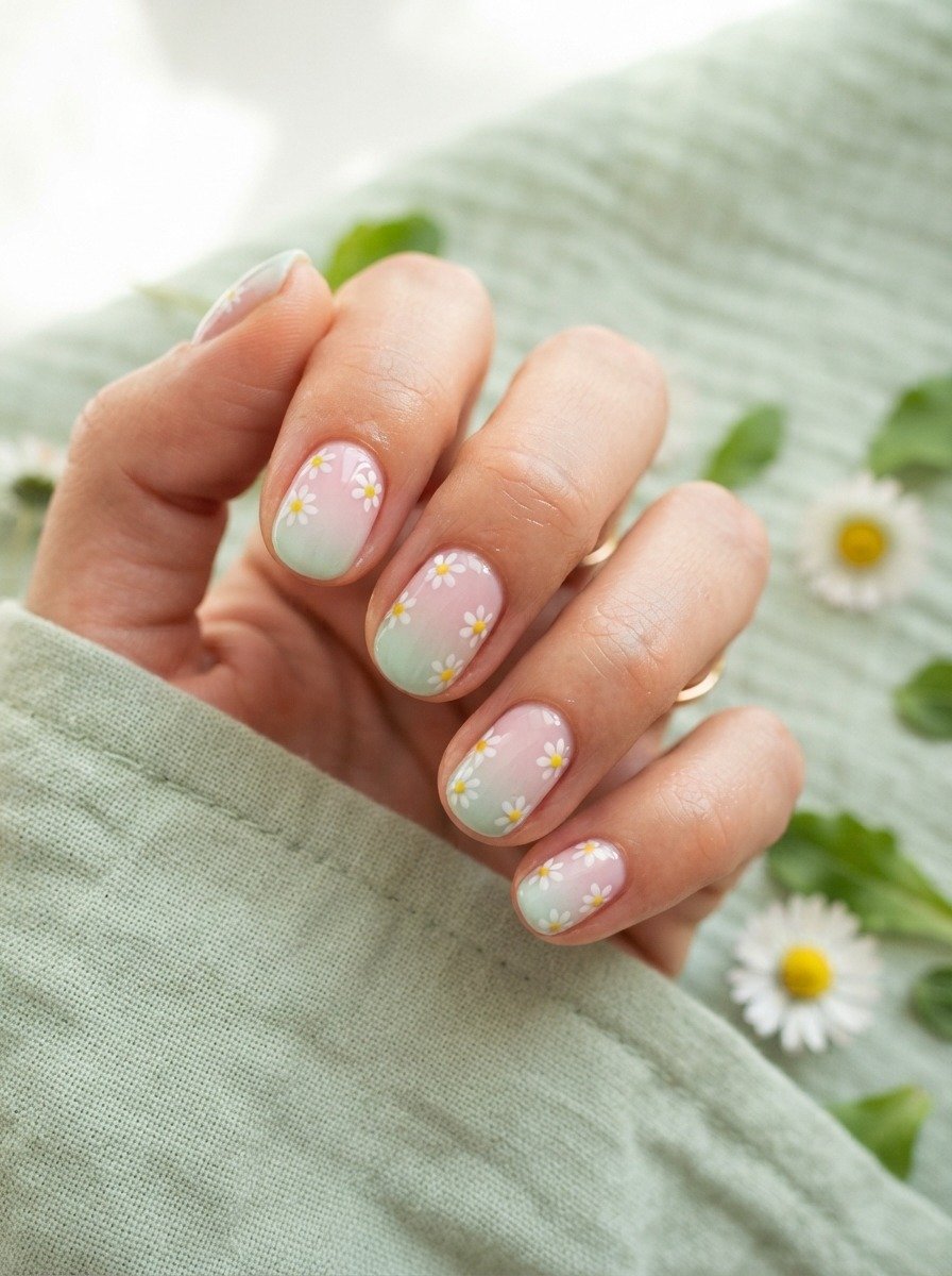 Soft Pink to Green With Daisy Nail Art