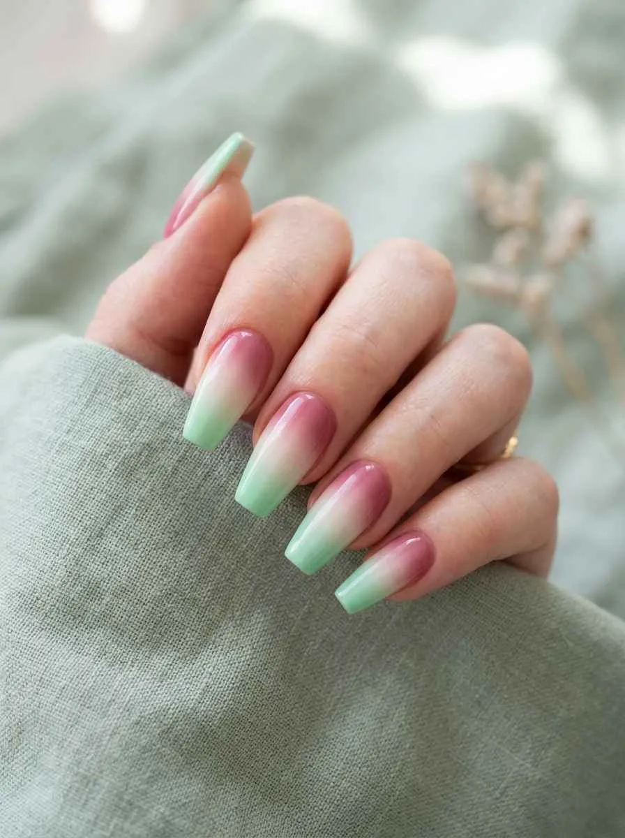 Three-Tone Pink, White, and Green Ombre