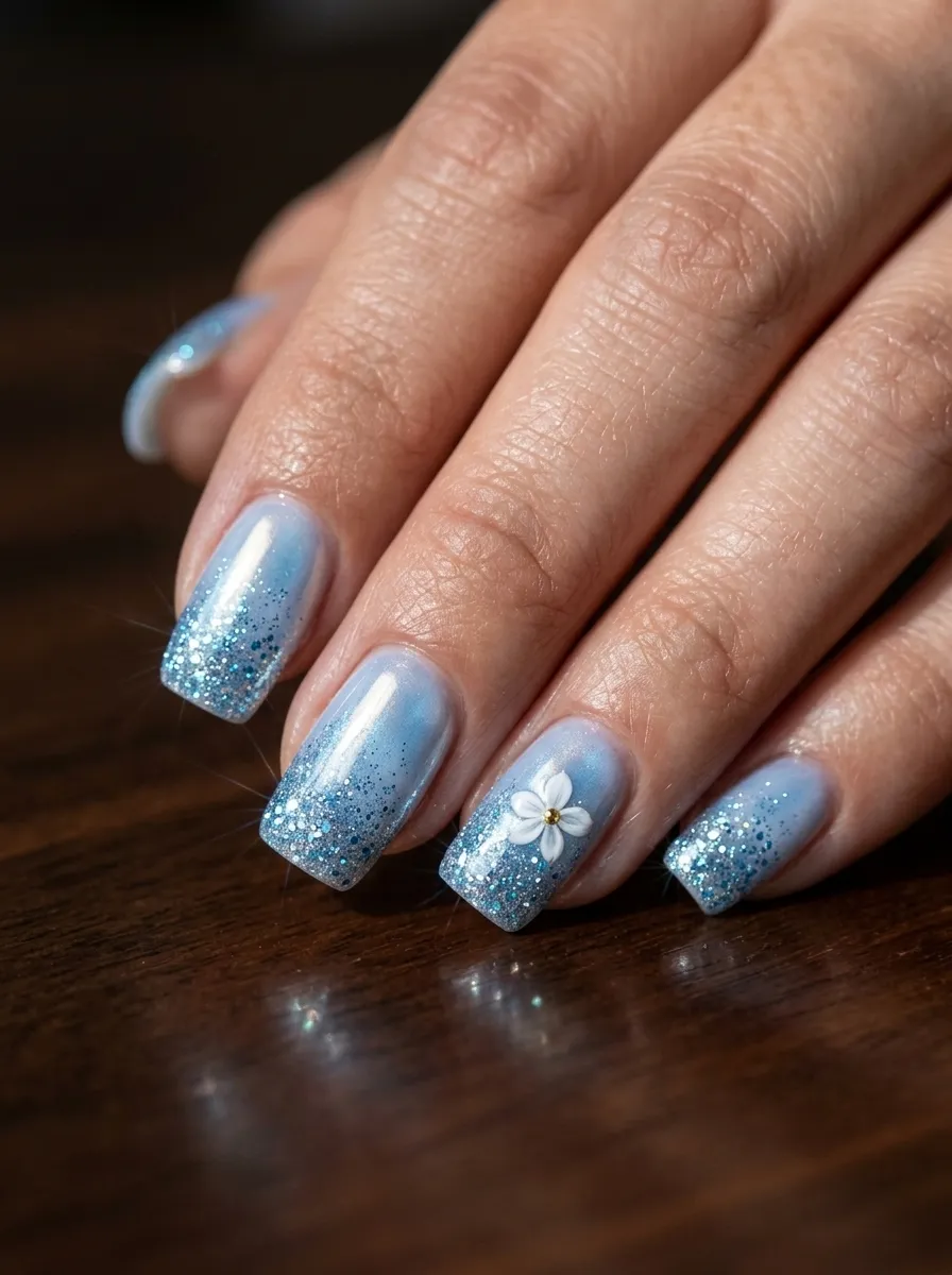 Blue Aura Nails With Ombre Glitter Fade