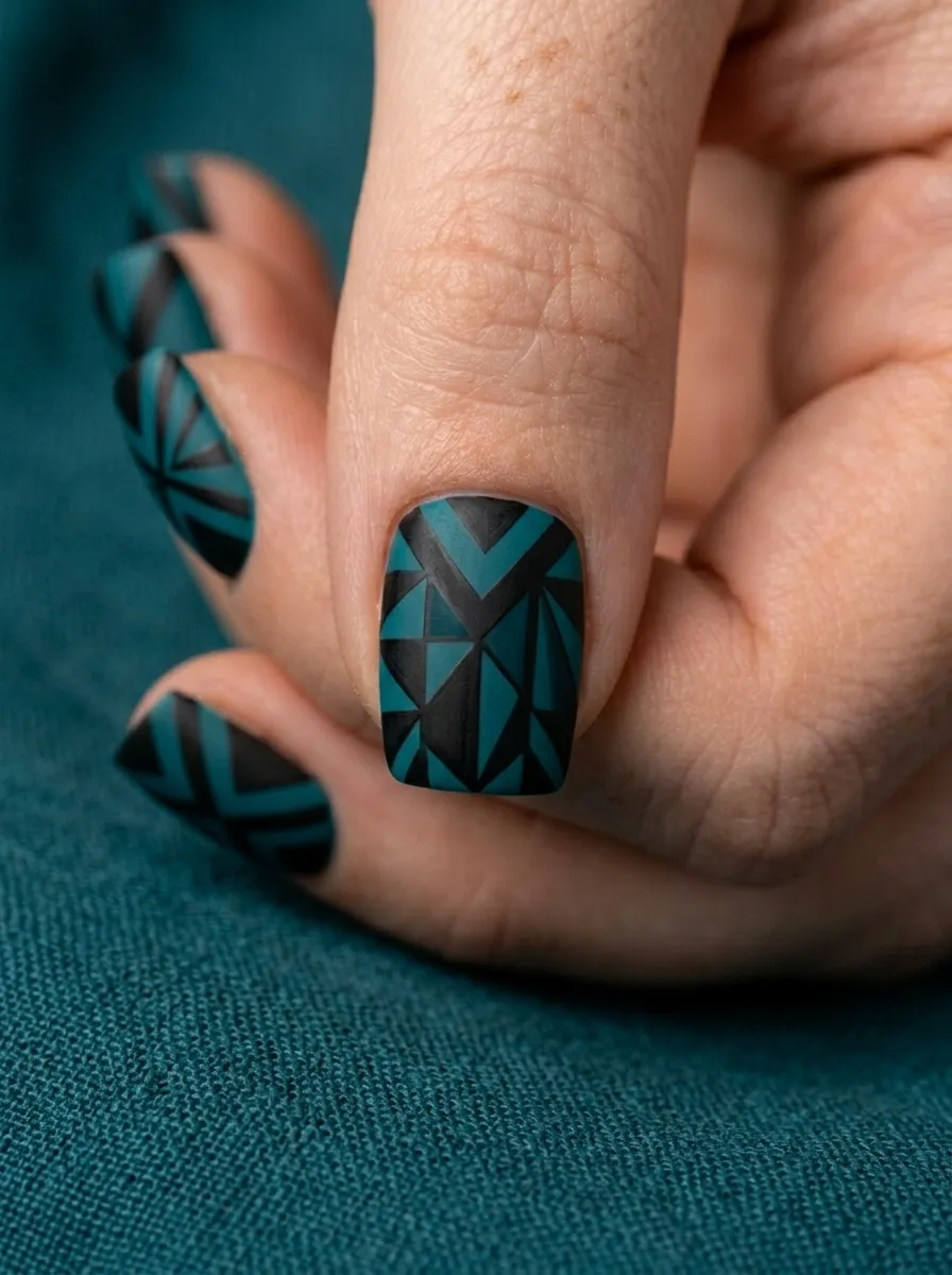 Deep Teal and Black Geometric Nails