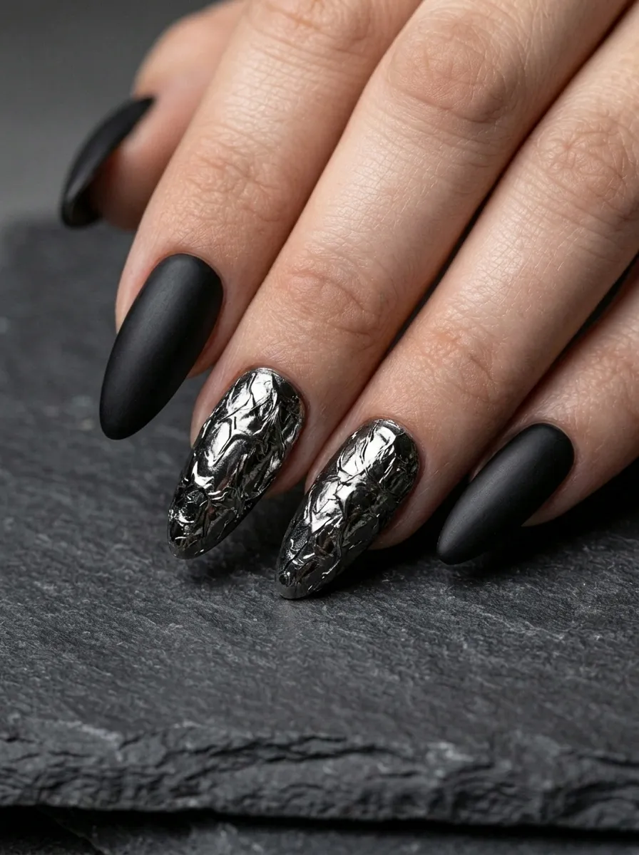Foil Accent Nails in Gunmetal and Black
