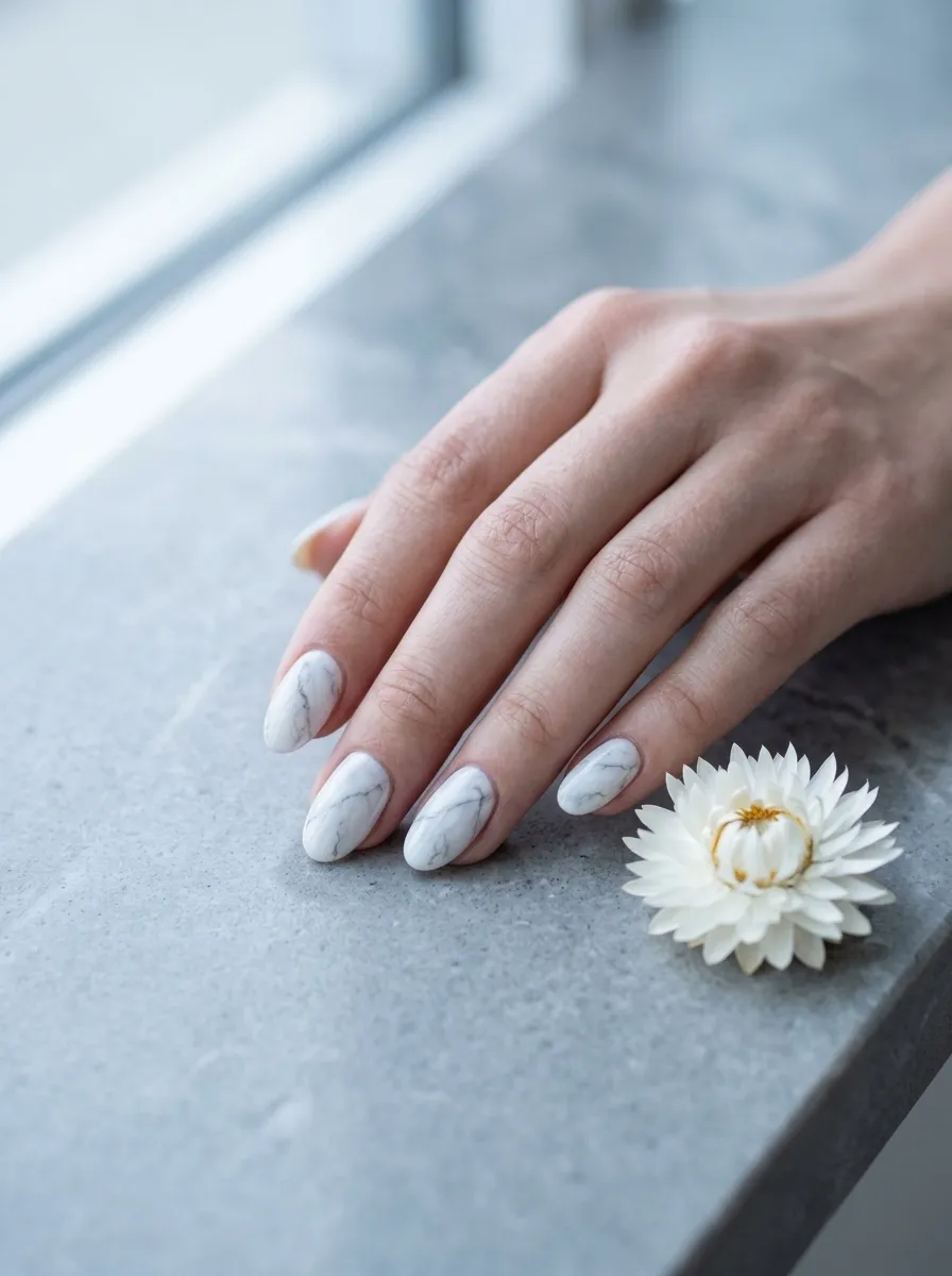 . Ghostly White Marble Nails