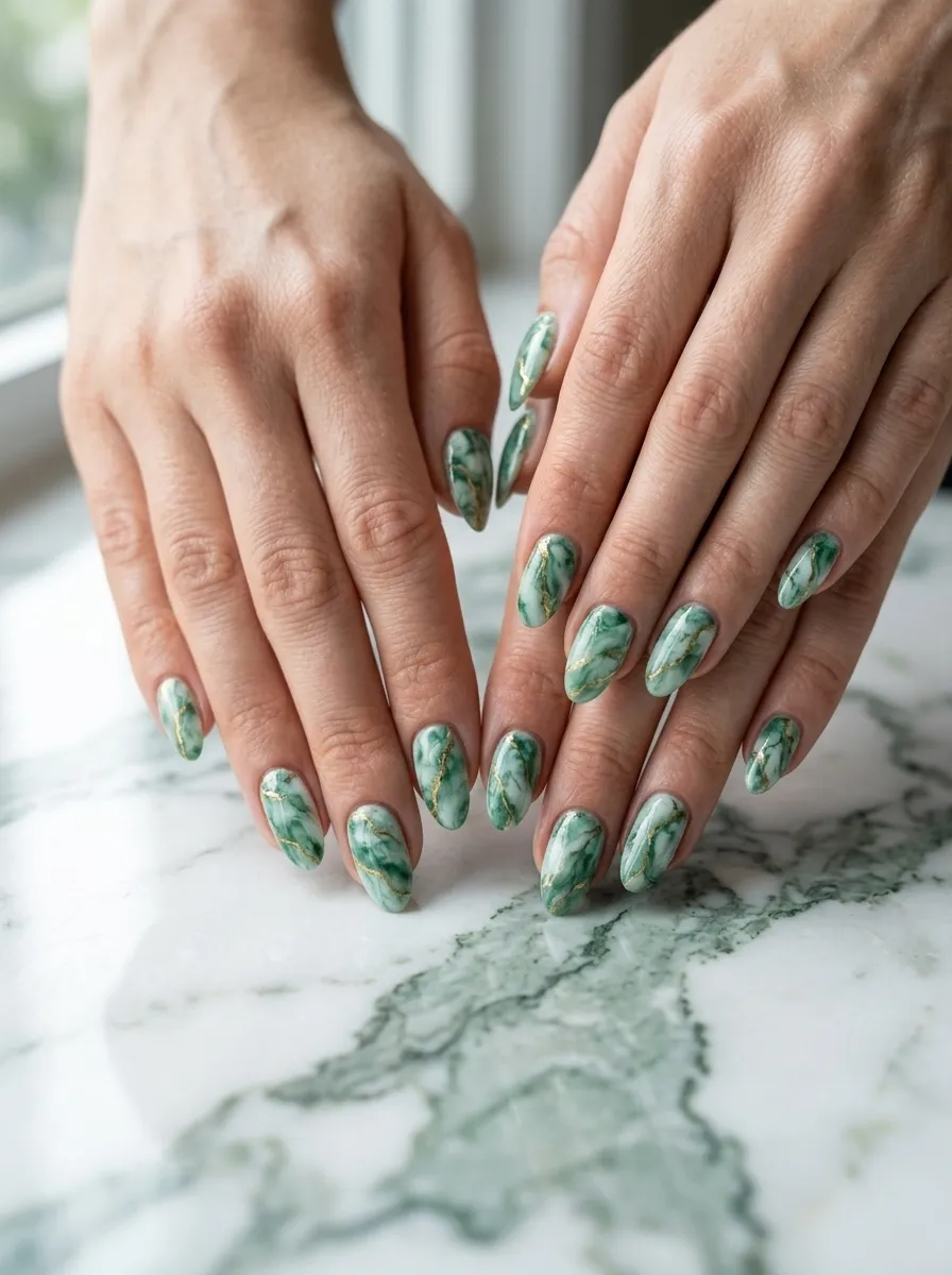 Jade and Gold Marble Nails