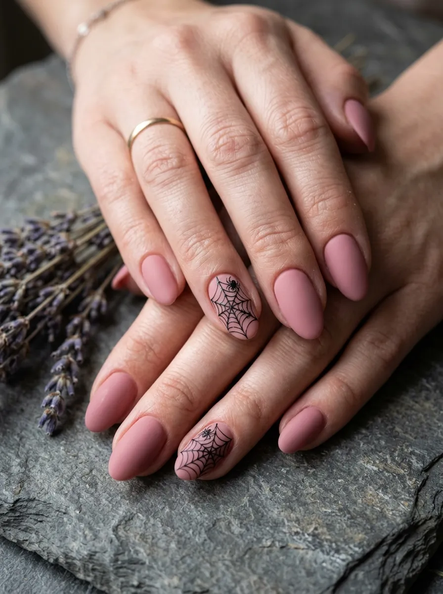 Dusty Rose Nails with Black Spider Web
