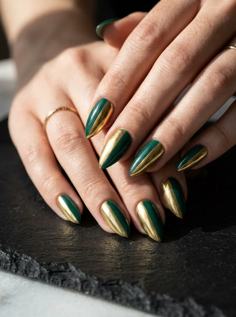 Half-and-Half Jade and Gold Split Nails