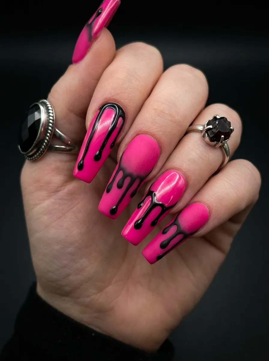 Hot Pink Coffin Nails with Black Drip Design