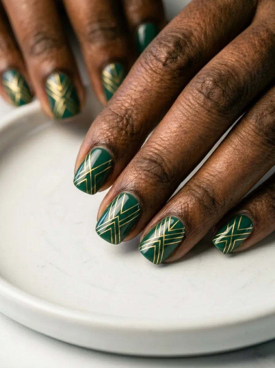 Jade Nails With Gold Geometric Lines