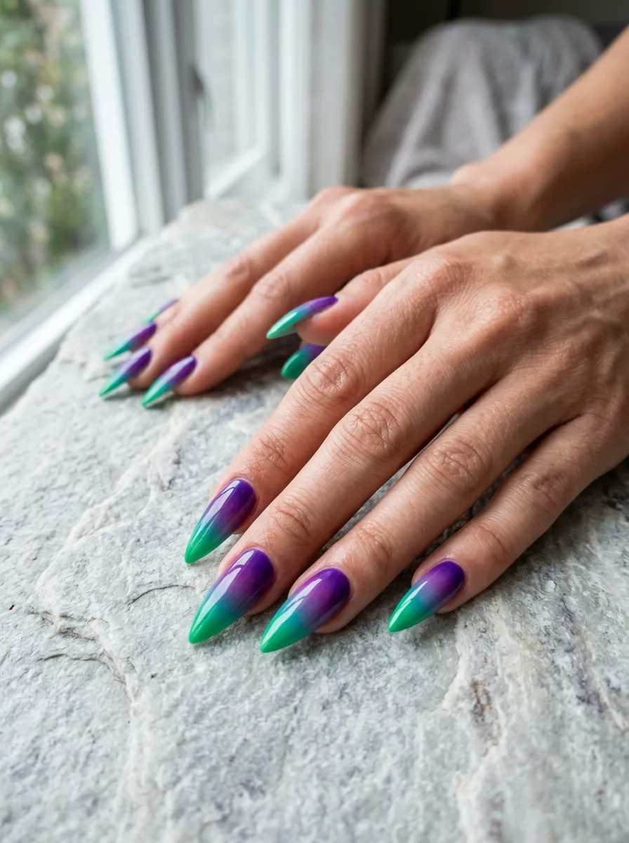 Ombre Purple to Green Nails