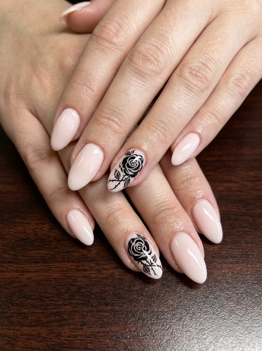Pale Pink Nails with Black Roses