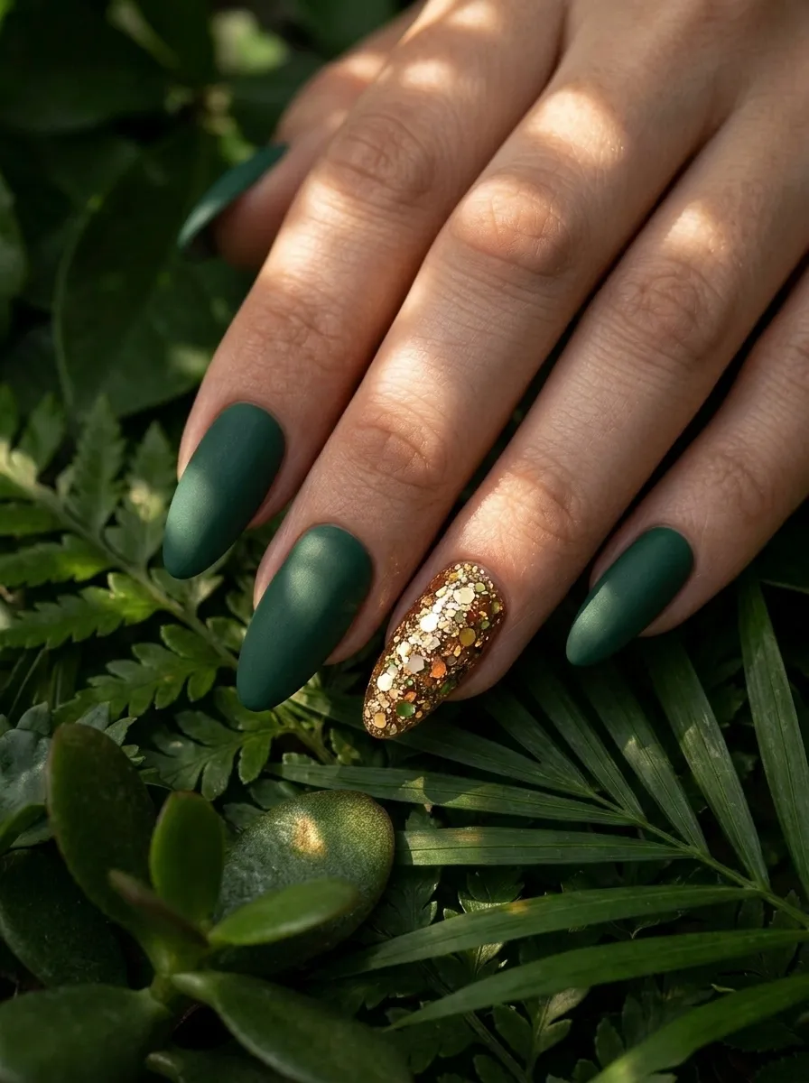 Dark Jade With Gold Glitter Accent Nail