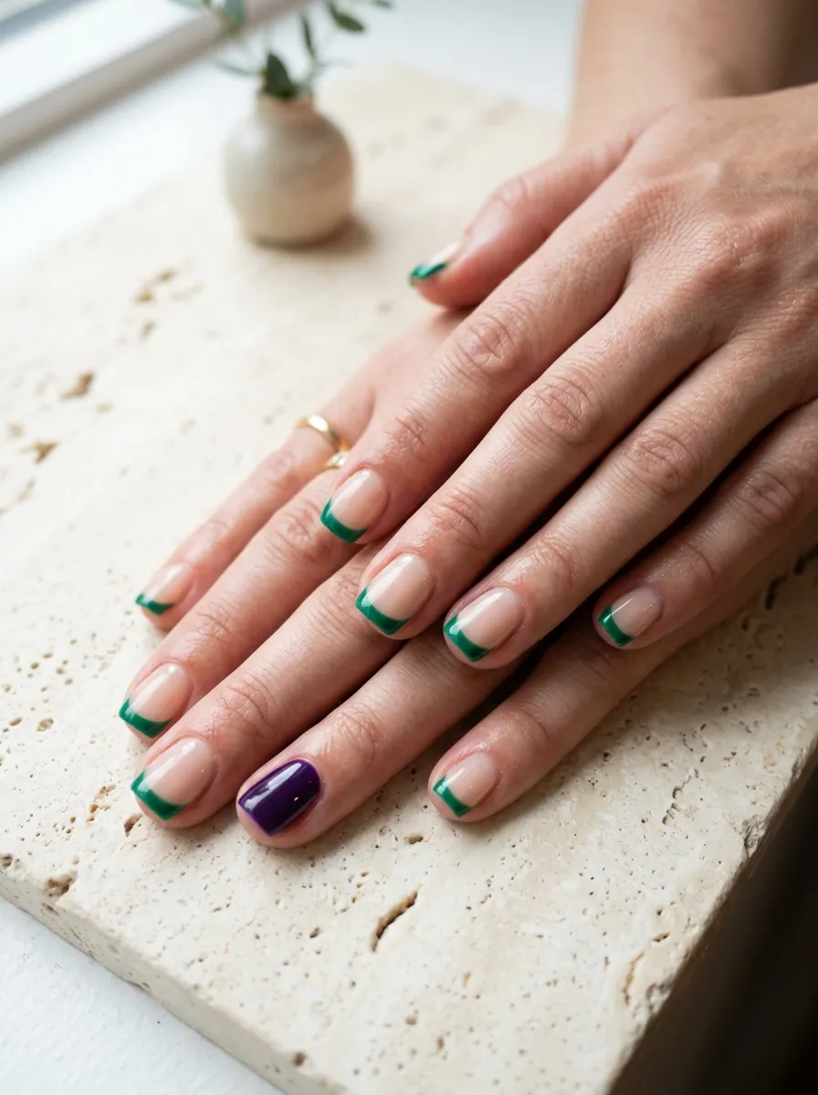Green French Tips with Purple Accent Nail