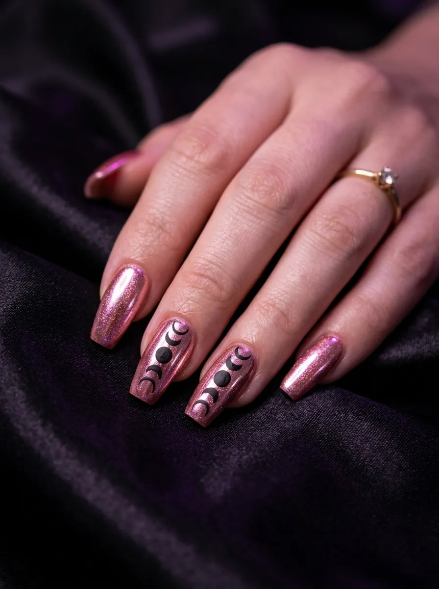 Pink Chrome Nails with Black Moon Phases